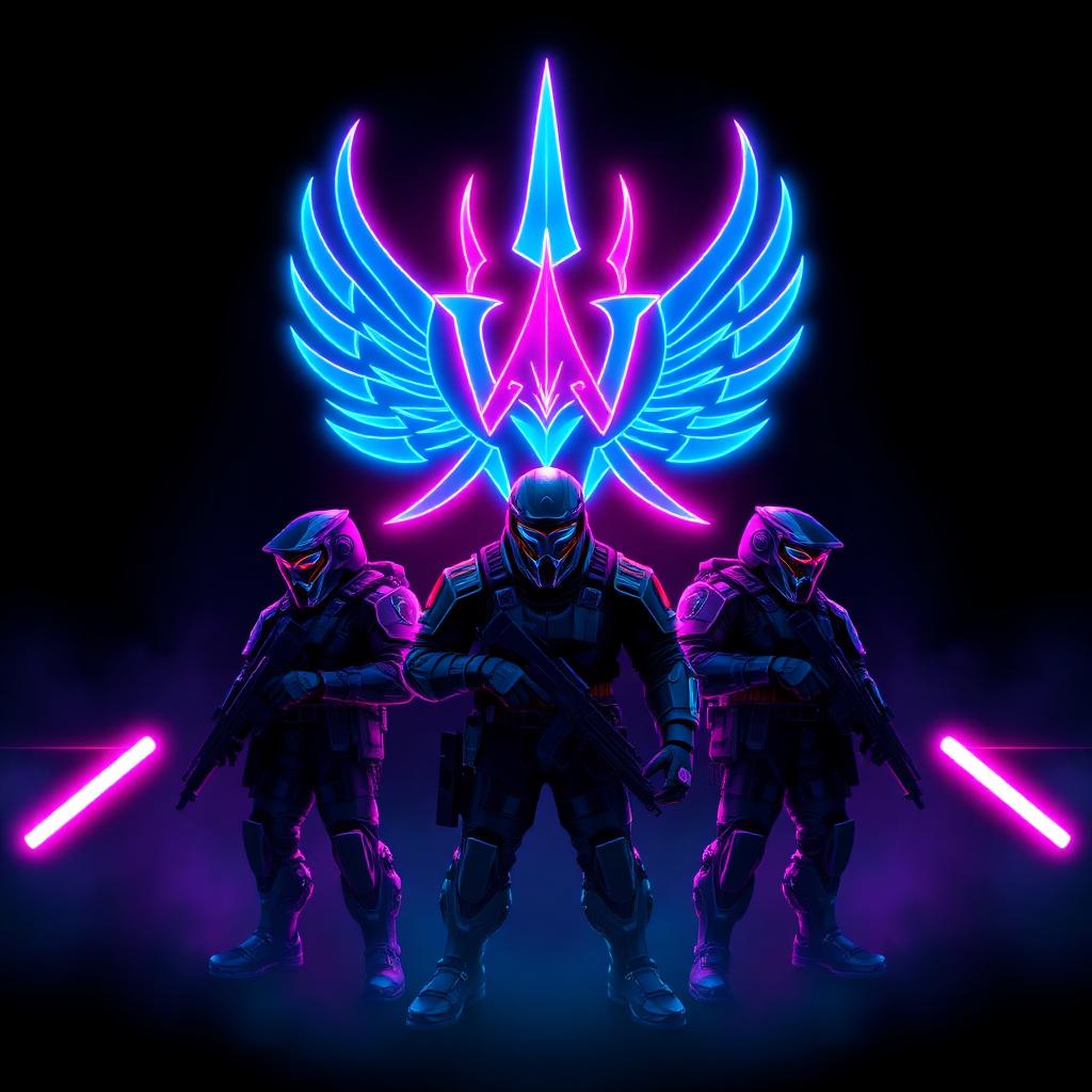 Neon clan banner with armored gamer silhouettes and a glowing emblem