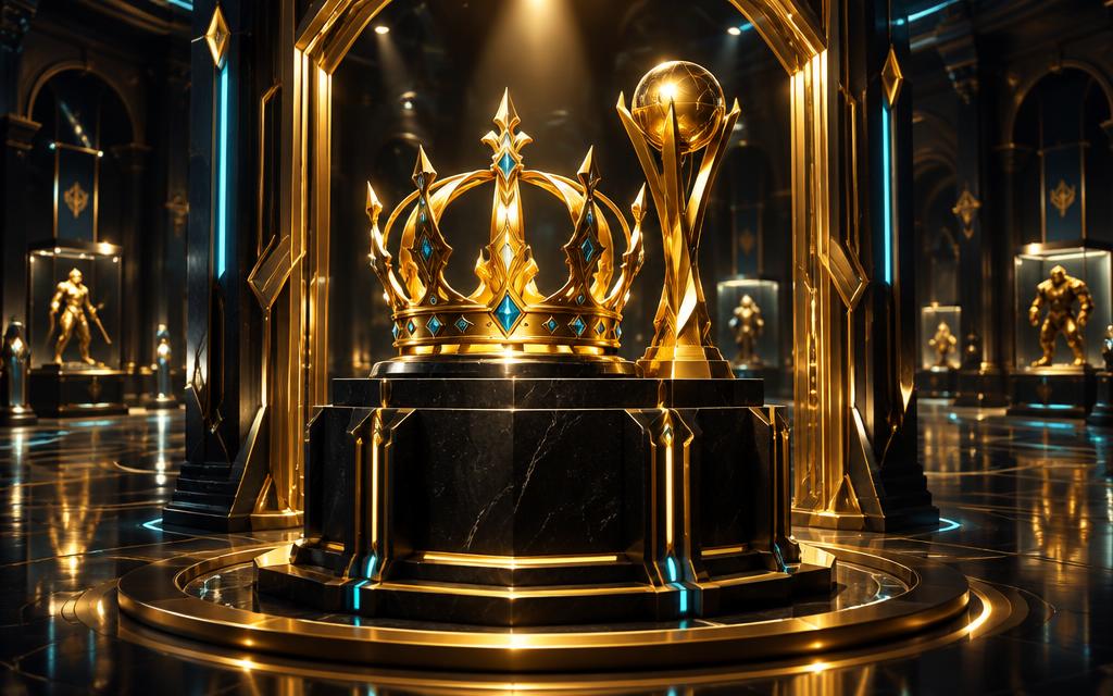 A gleaming gold crown and trophy in the Hall of Fame