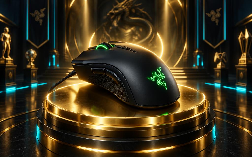 Illustration of a Razer gaming mouse on a shining gold prize pedestal