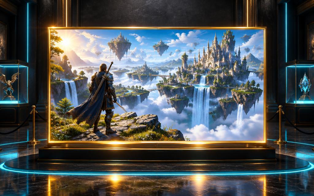 An epic fantasy gaming scene displayed in a glowing gold frame