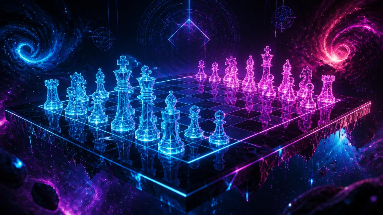 Neon Rift Chess: holographic chess pieces on a glowing neon board