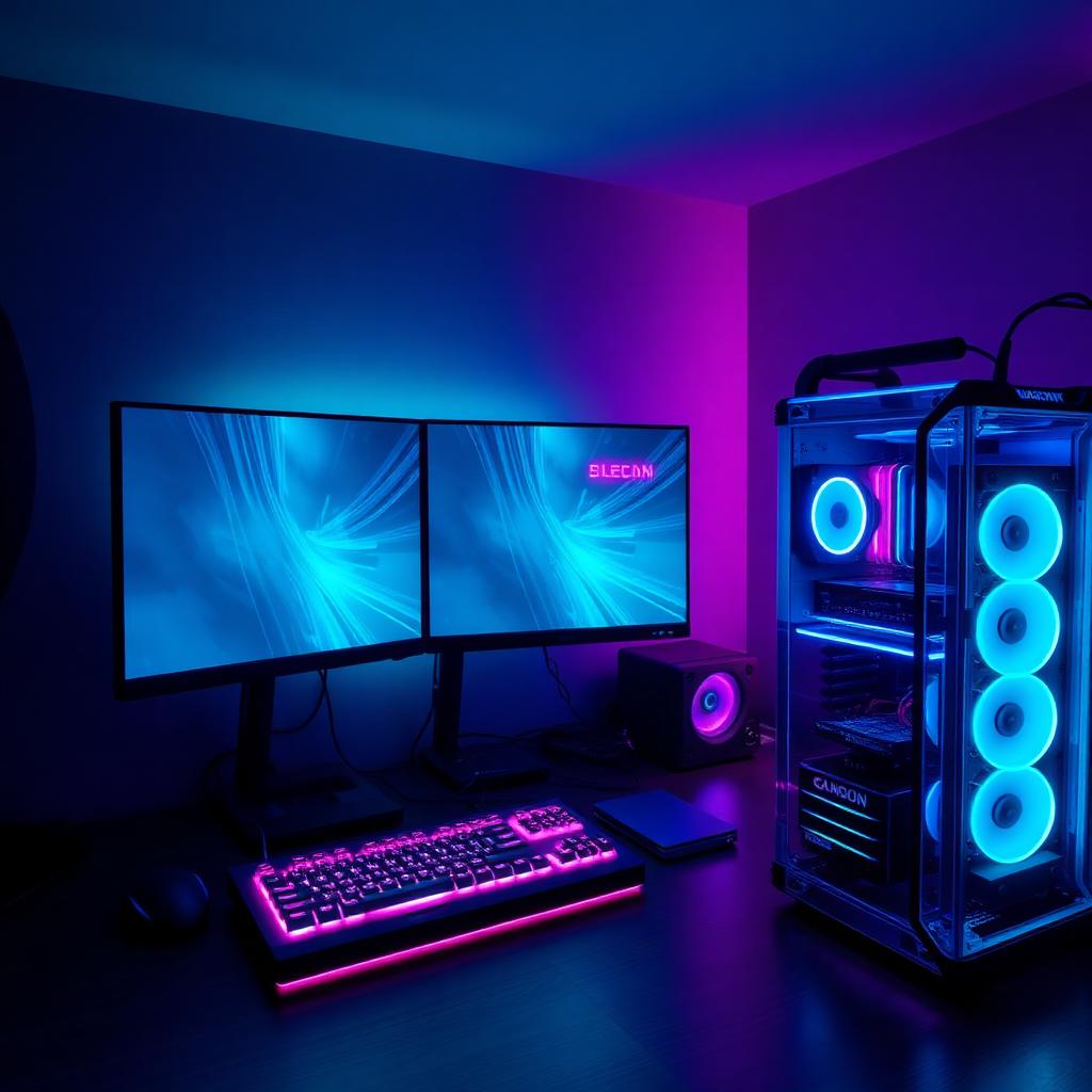 RGB gaming PC setup with neon monitors and mechanical keyboard